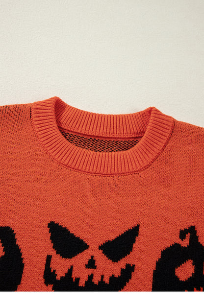 Spooky pumpkin face drop shoulder sweater for Halloween fun