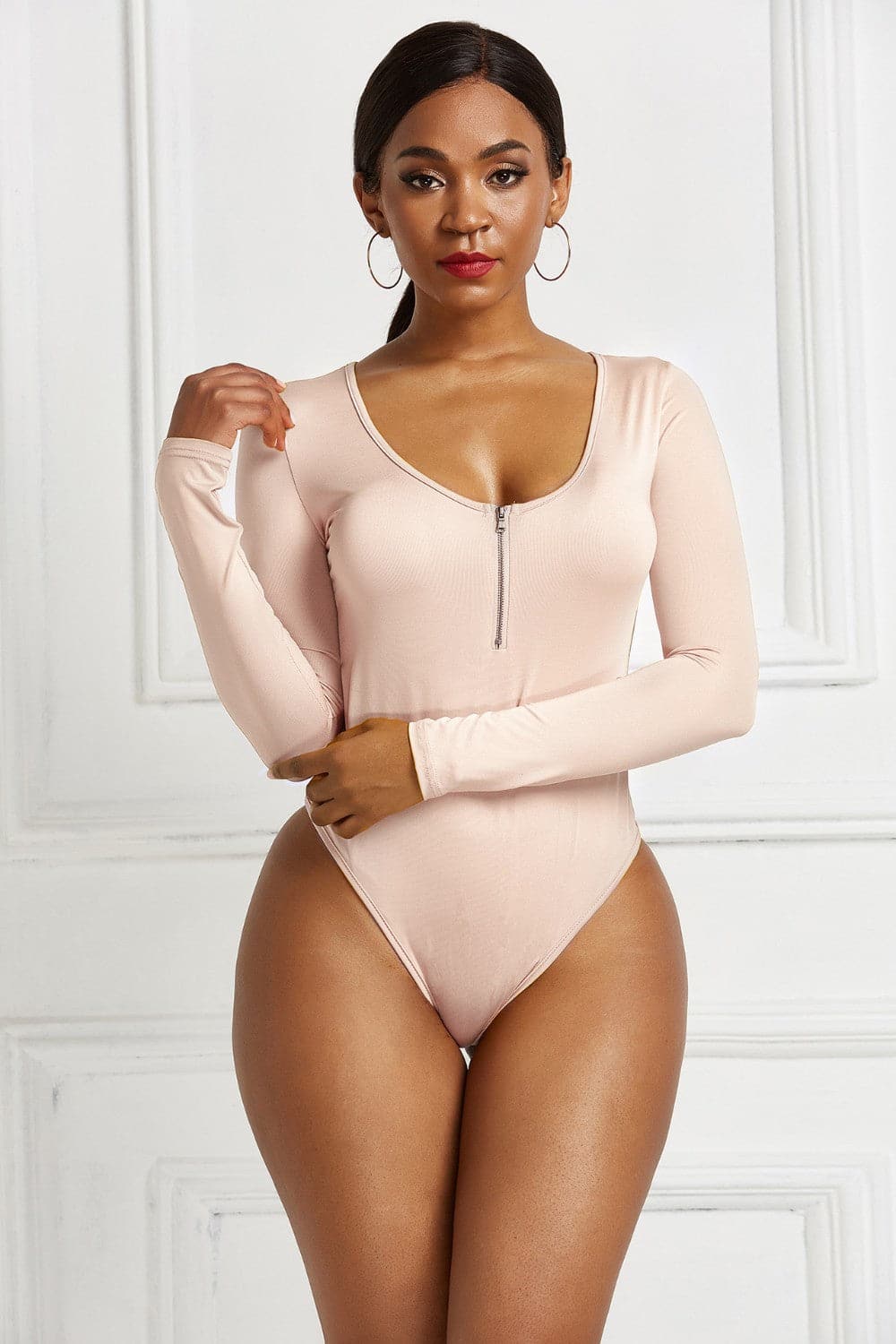 Half Zip Scoop Neck Long Sleeve Bodysuit.