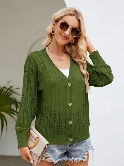 Button Down Ribbed Trim Cardigan.