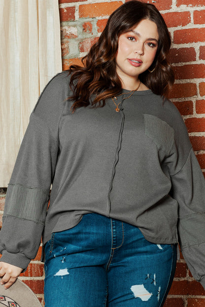 Chic dark grey plus size crinkle patchwork top with exposed seams