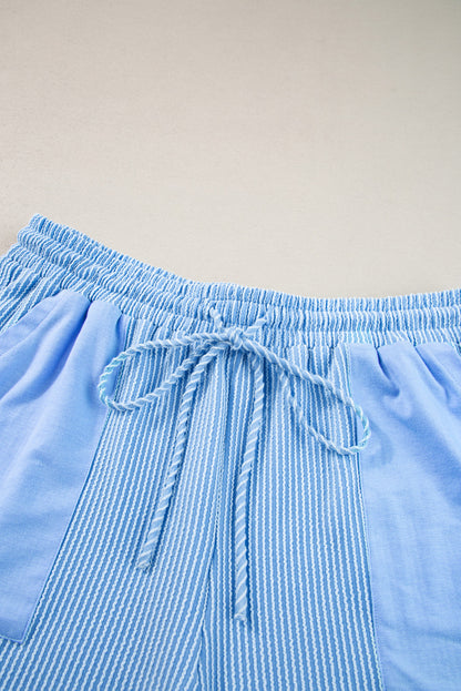 Chic light blue ribbed plus size lounge set with drawstring shorts