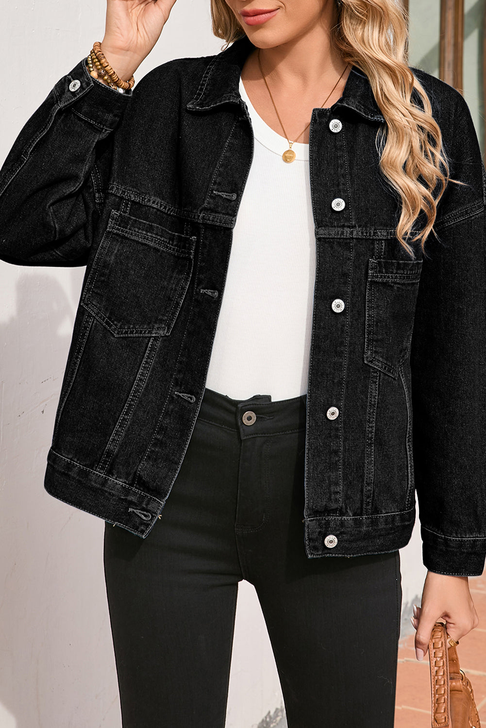 Love Salve Women's Black Denim Jacket, full front view, highlighting its oversized fit and pocketed casual style.