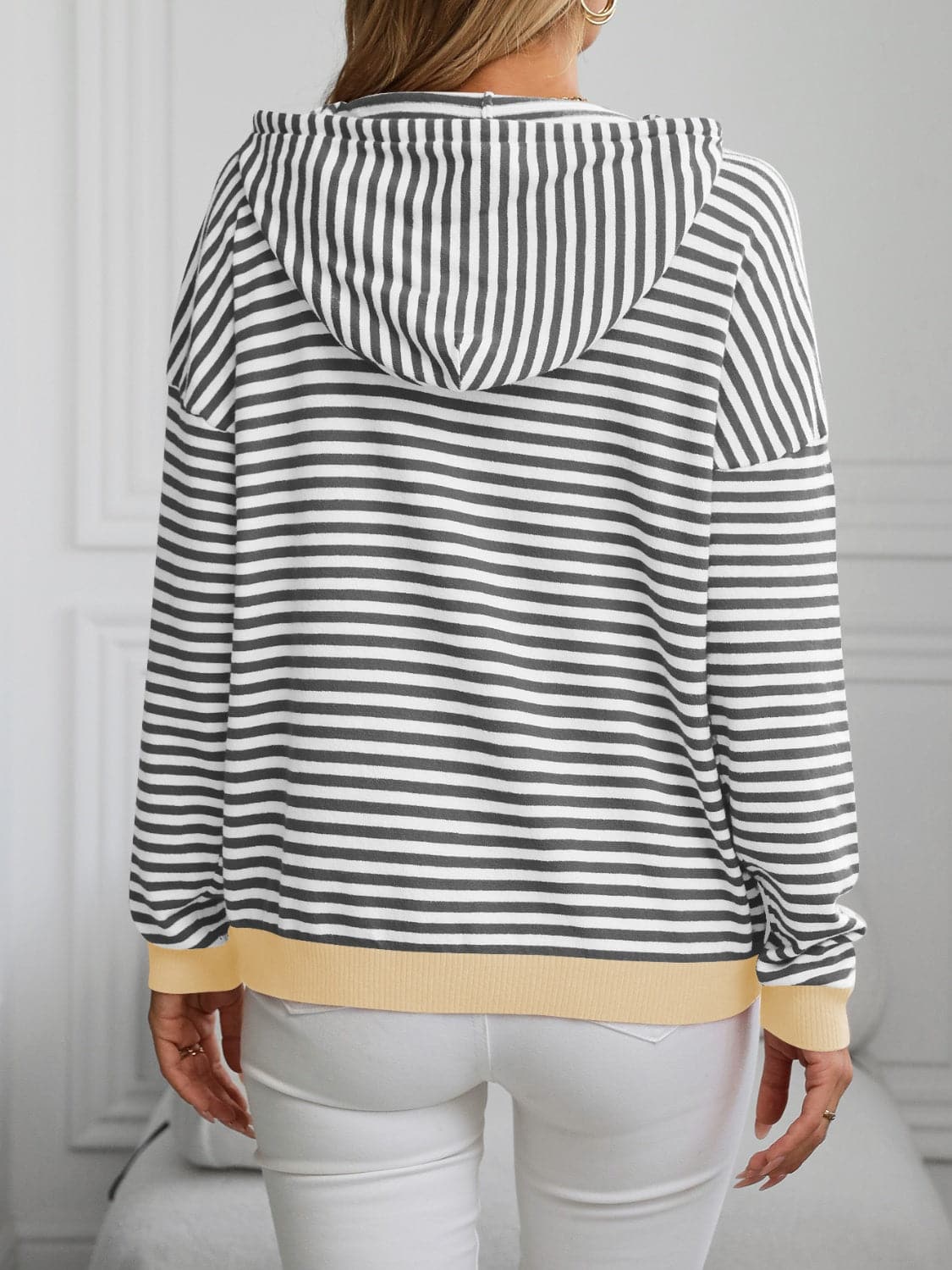 Striped Long Sleeve Hooded Knit Top.