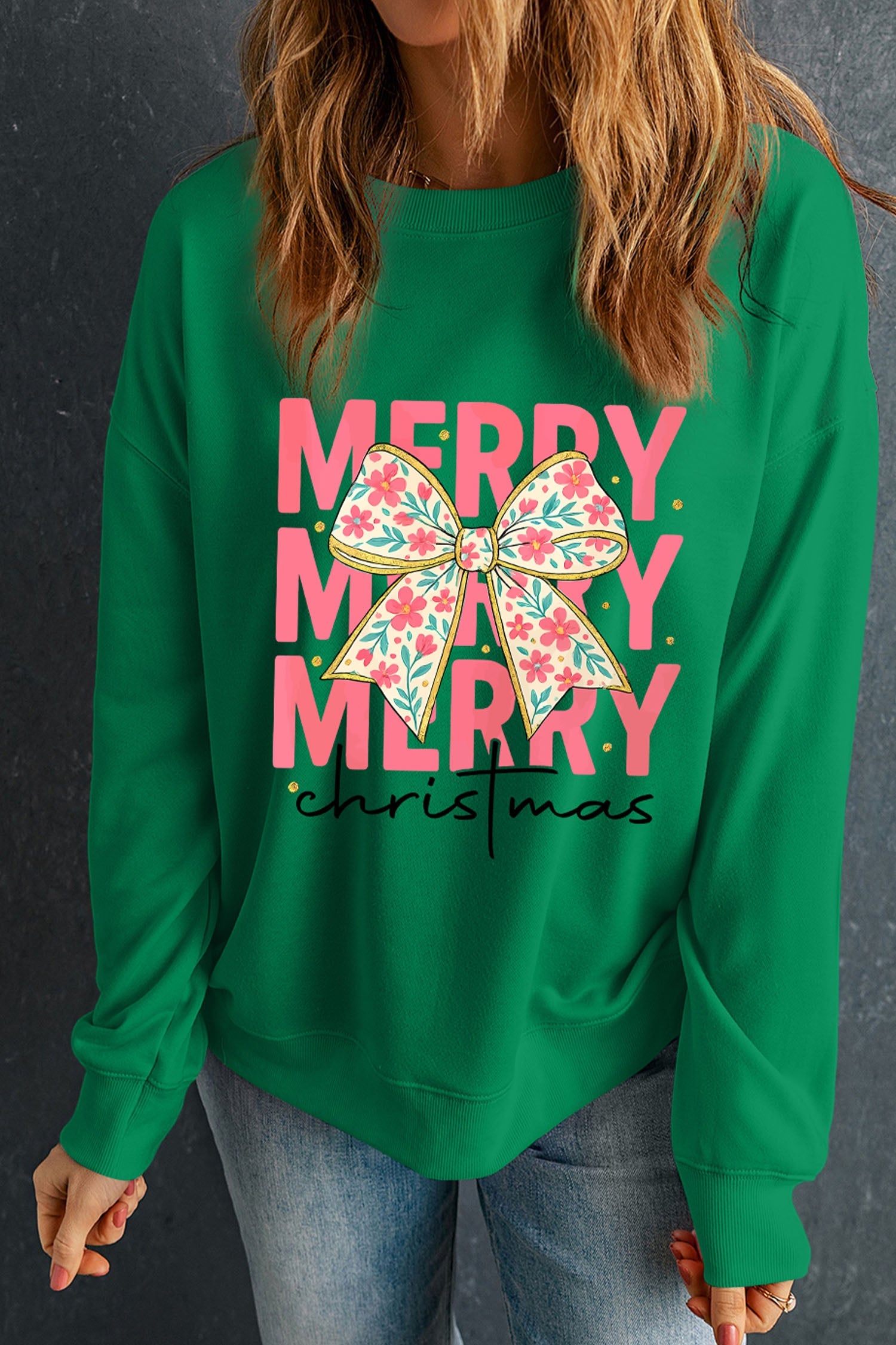 Dark Green Merry Christmas Floral Bow Graphic Drop Shoulder Sweatshirt Dear-Lover Dropshipping