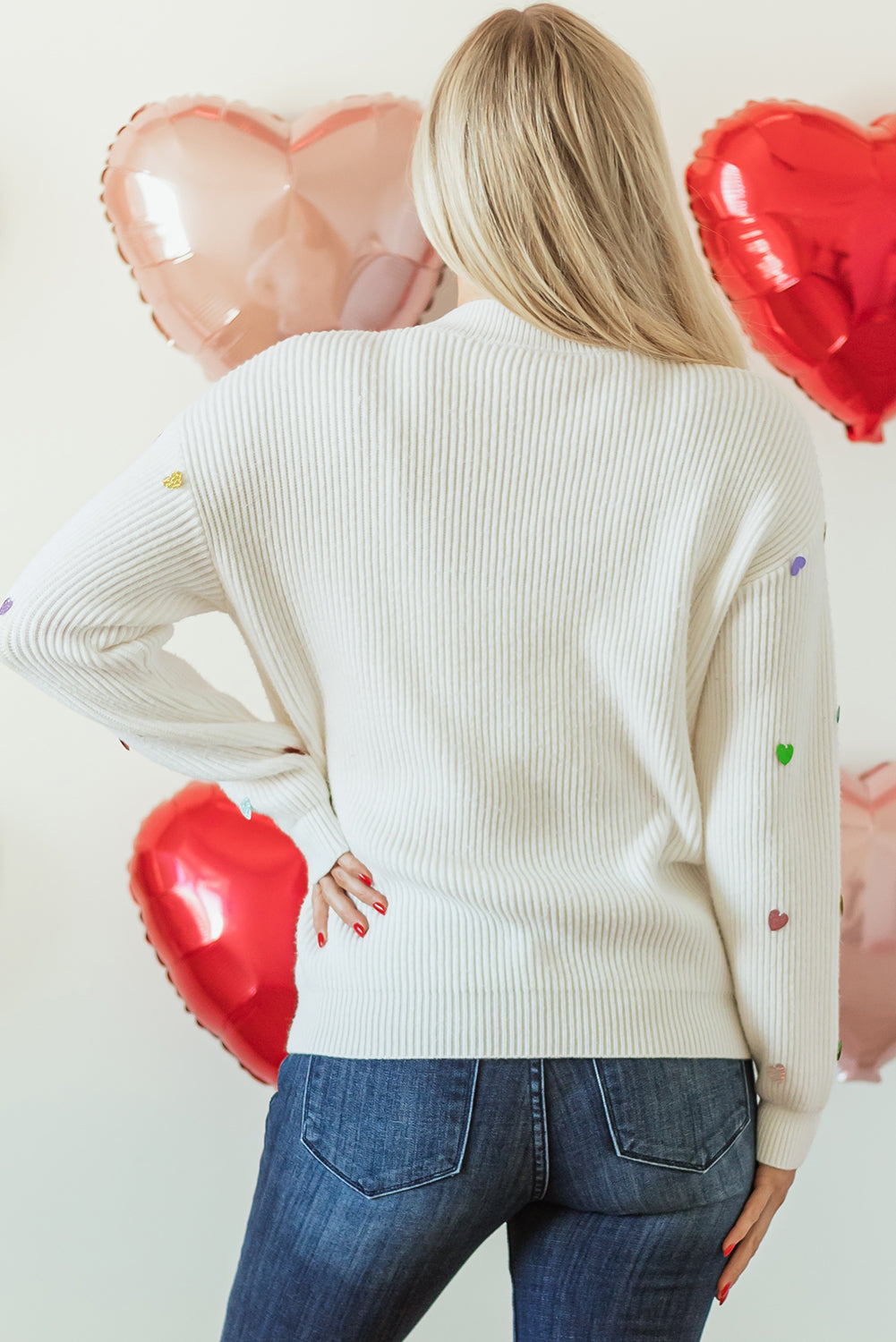 Beige Heart Sequin Waffle Knit Sweater with Round Neck