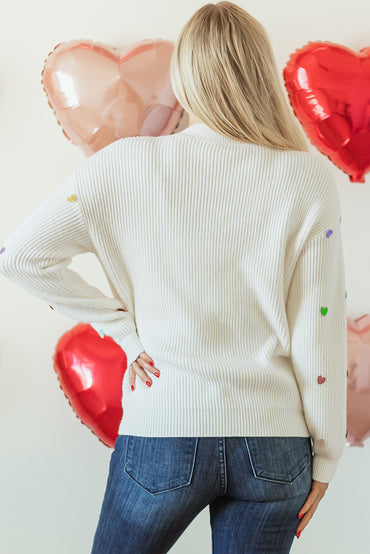 Beige Heart Sequin Waffle Knit Sweater with Round Neck