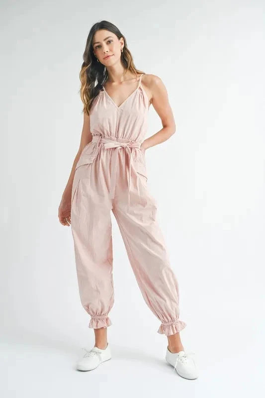 MABLE Washed Fabric Spaghetti Strap Waist Belted Jumpsuit Coco’s Tee Boutique