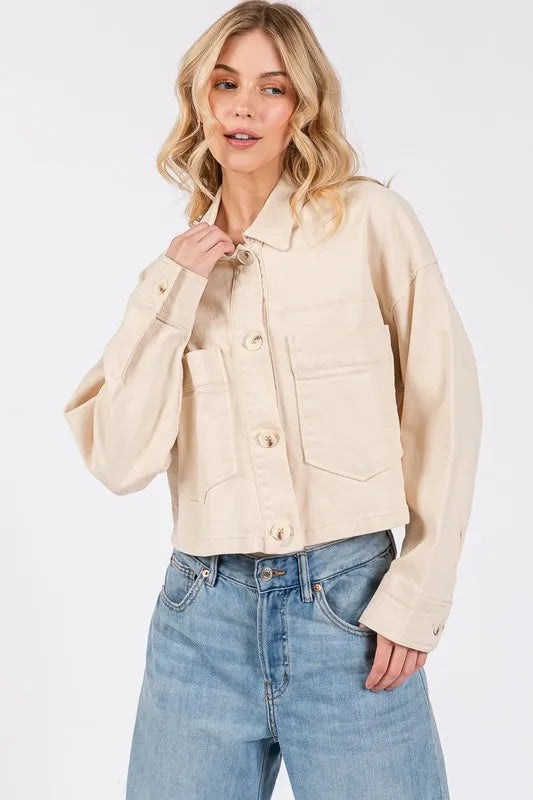Bytos Button Down Cropped Denim Jacket With Patch Pockets In Cream - Love Salve 