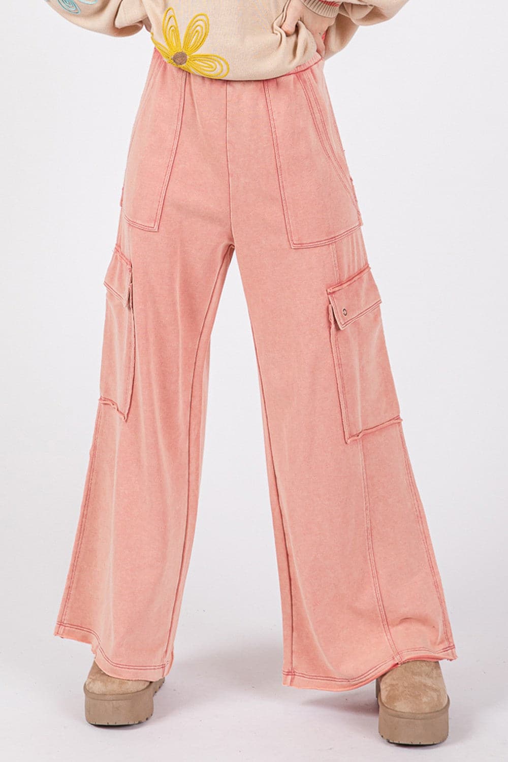 Cozy chic mineral wash wide leg knit terry pants