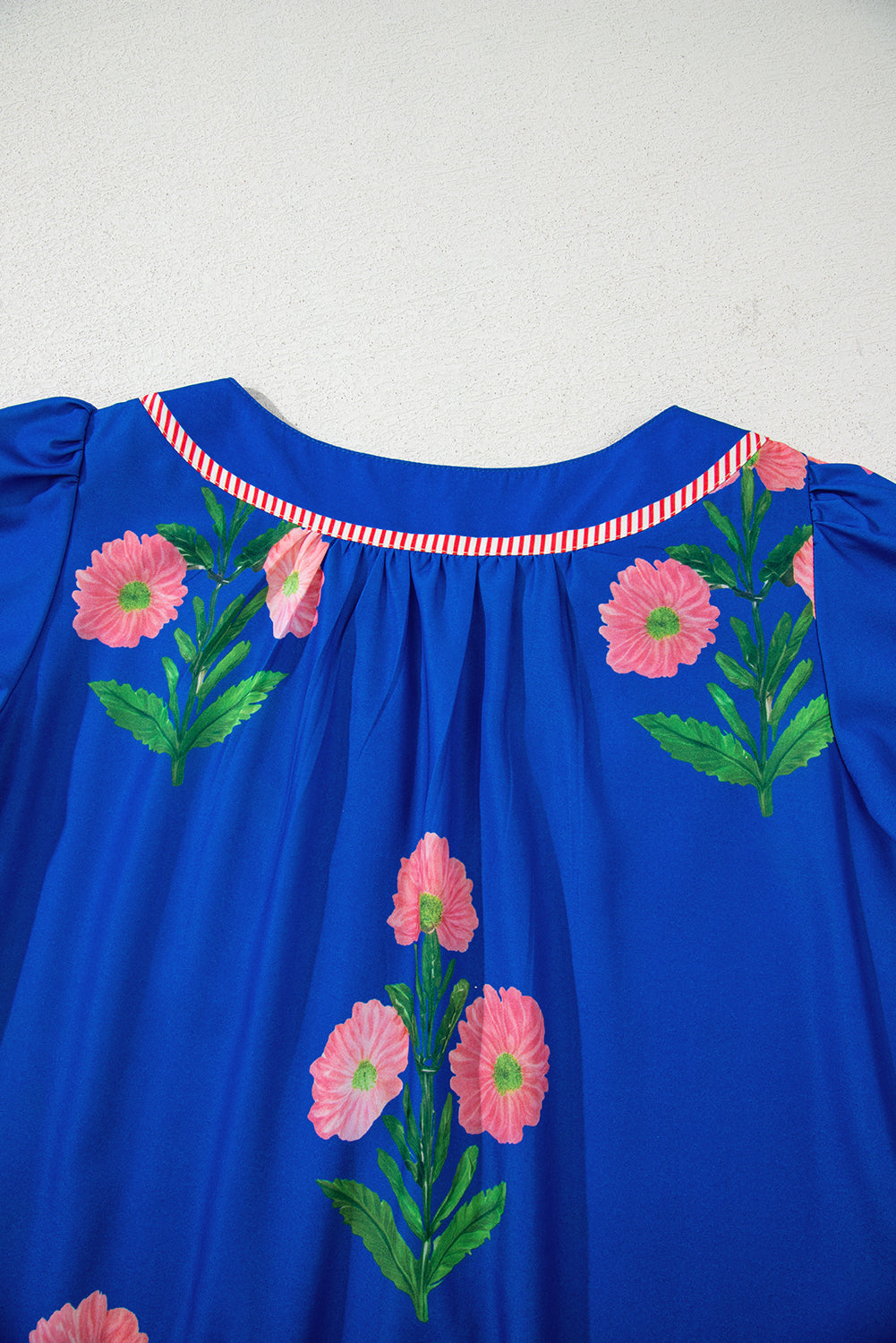 Blue Floral Short Sleeve Split Neck Loose Mini Dress - Love Salve 