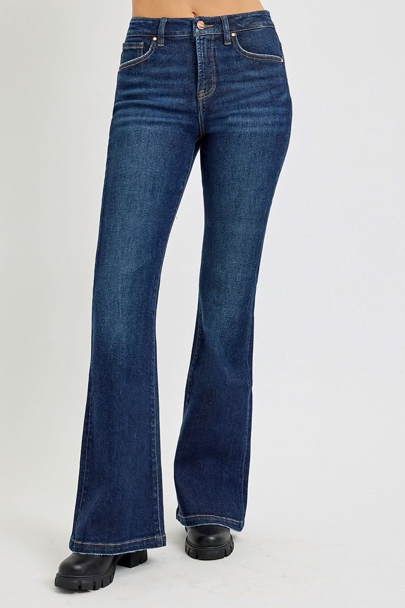 RISEN full size high rise flare jeans with pockets, retro style.