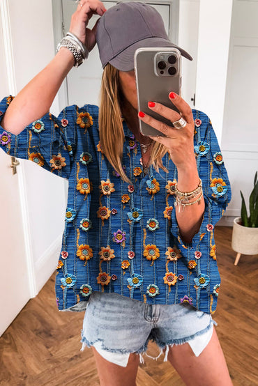 Premium Blue Floral Collared V Neck Roll Up Sleeve Blouse
