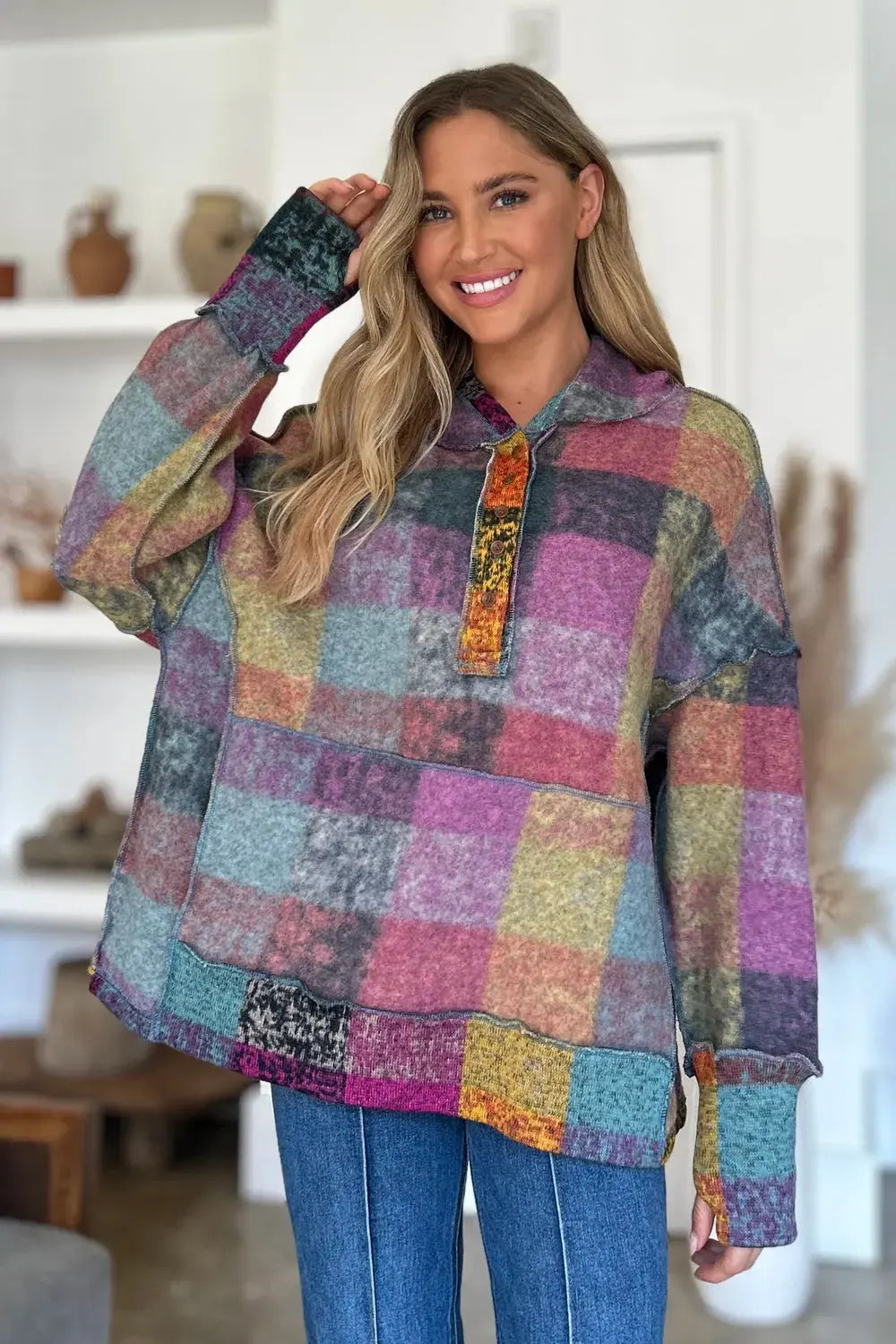 Double Take Full Size Plaid Dropped Shoulder Fleece Hoodie - Love Salve