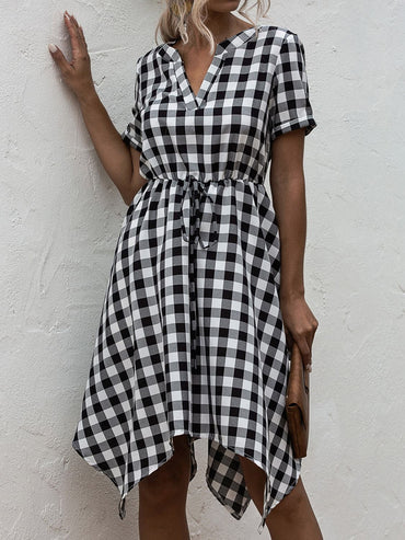 Plaid Notched Short Sleeve Dress.