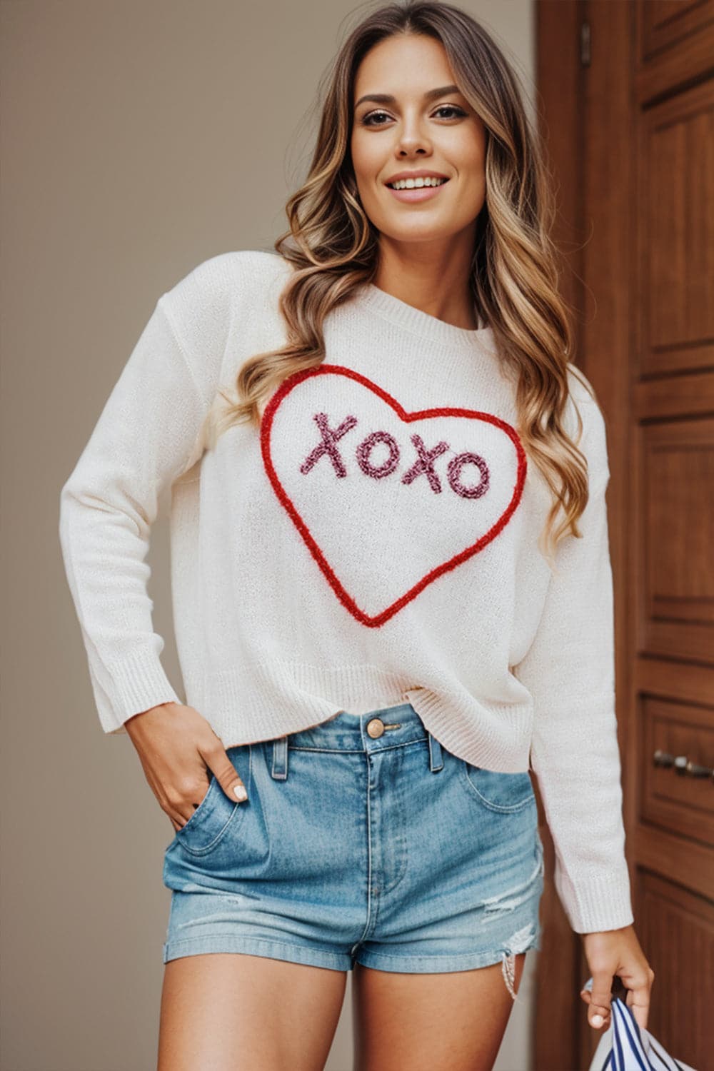 XOXO Heart Round Neck Dropped Shoulder Sweater.