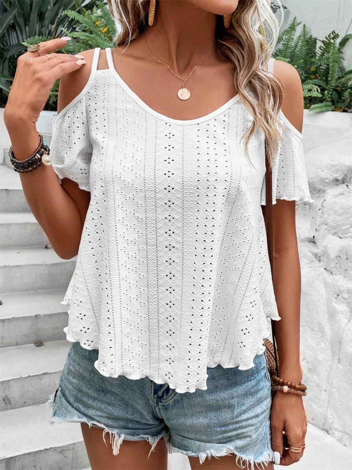 Eyelet Cold Shoulder Short Sleeve Blouse.