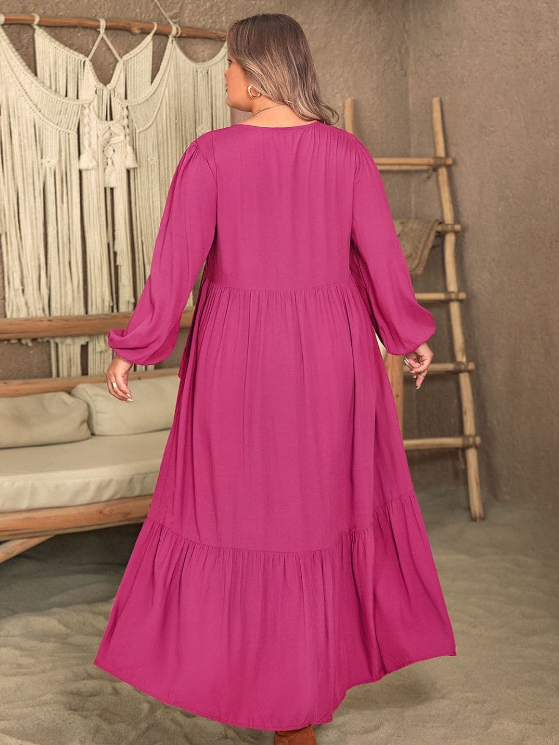 Plus Size Ruffled V-Neck Long Sleeve Dress.