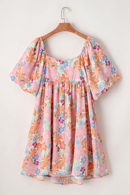 Charming multicolour floral babydoll dress with puff sleeves and square neckline