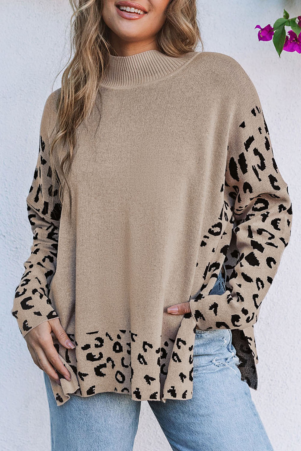 Sarai Leopard High Neck Side Slit Oversized Sweater for Women - Love Salve 