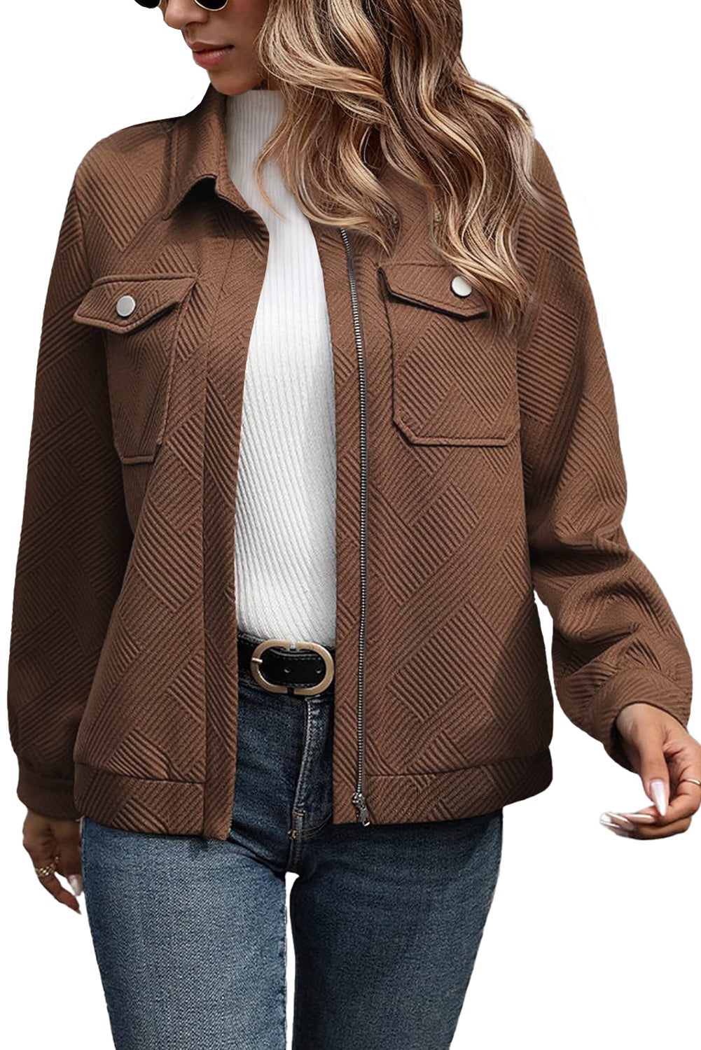 Coffee Solid Color Zip Up Jacket With Button Flap Pocket Shirt Collar Dear-Lover Dropshipping