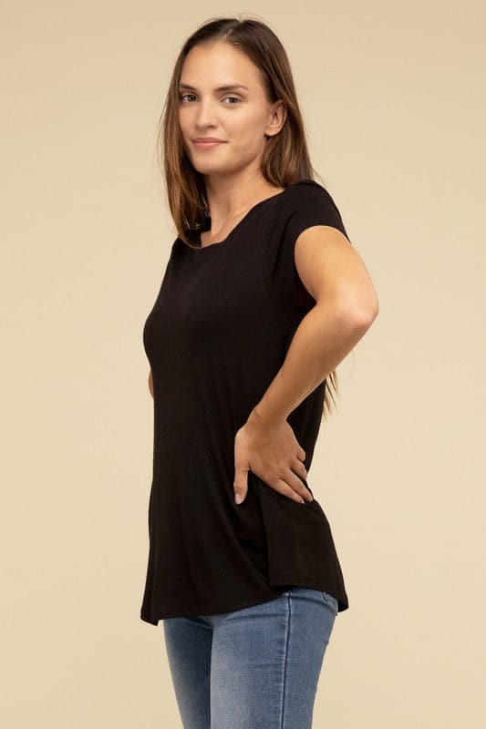 Flowy Round Hem Rayon Short Sleeve Top.