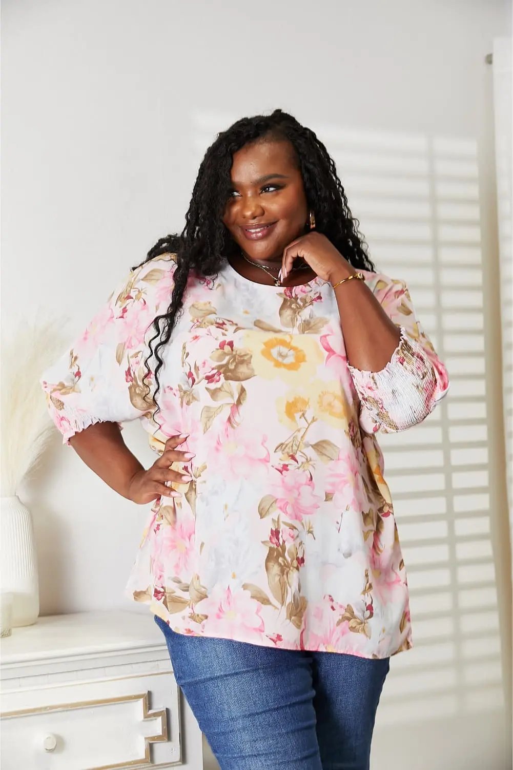 Double Take Floral Round Neck Three-Quarter Sleeve Top - Love Salve