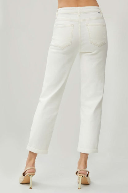 Elevate your style with high waist rolled hem straight jeans