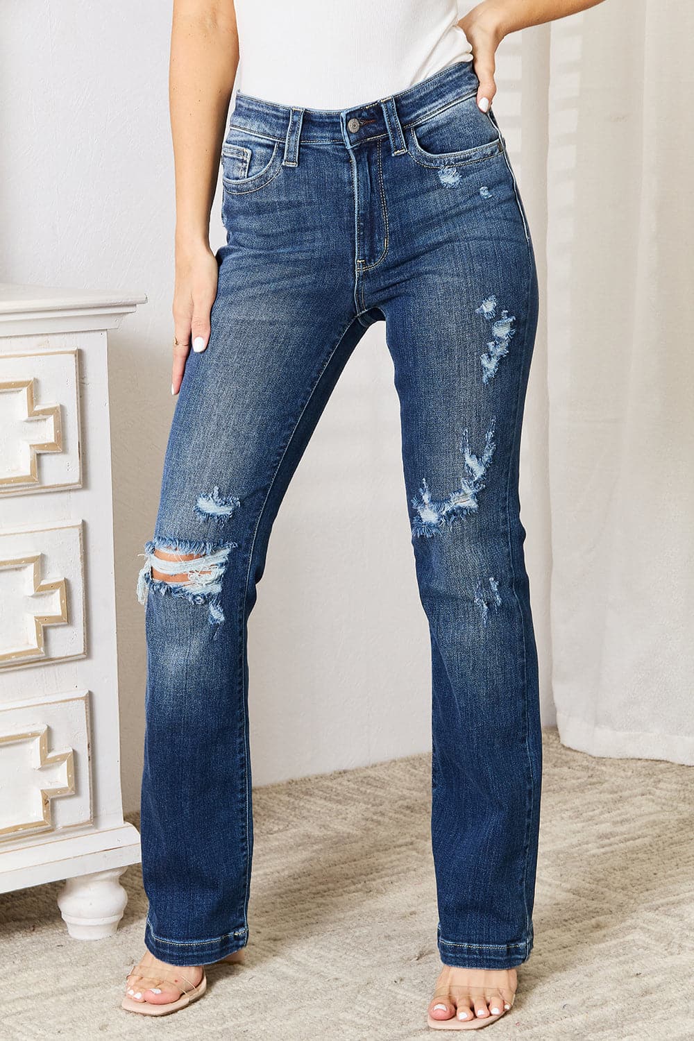 Judy Blue Full Size Mid Rise Hand Sand & Destroy Bootcut Jeans.