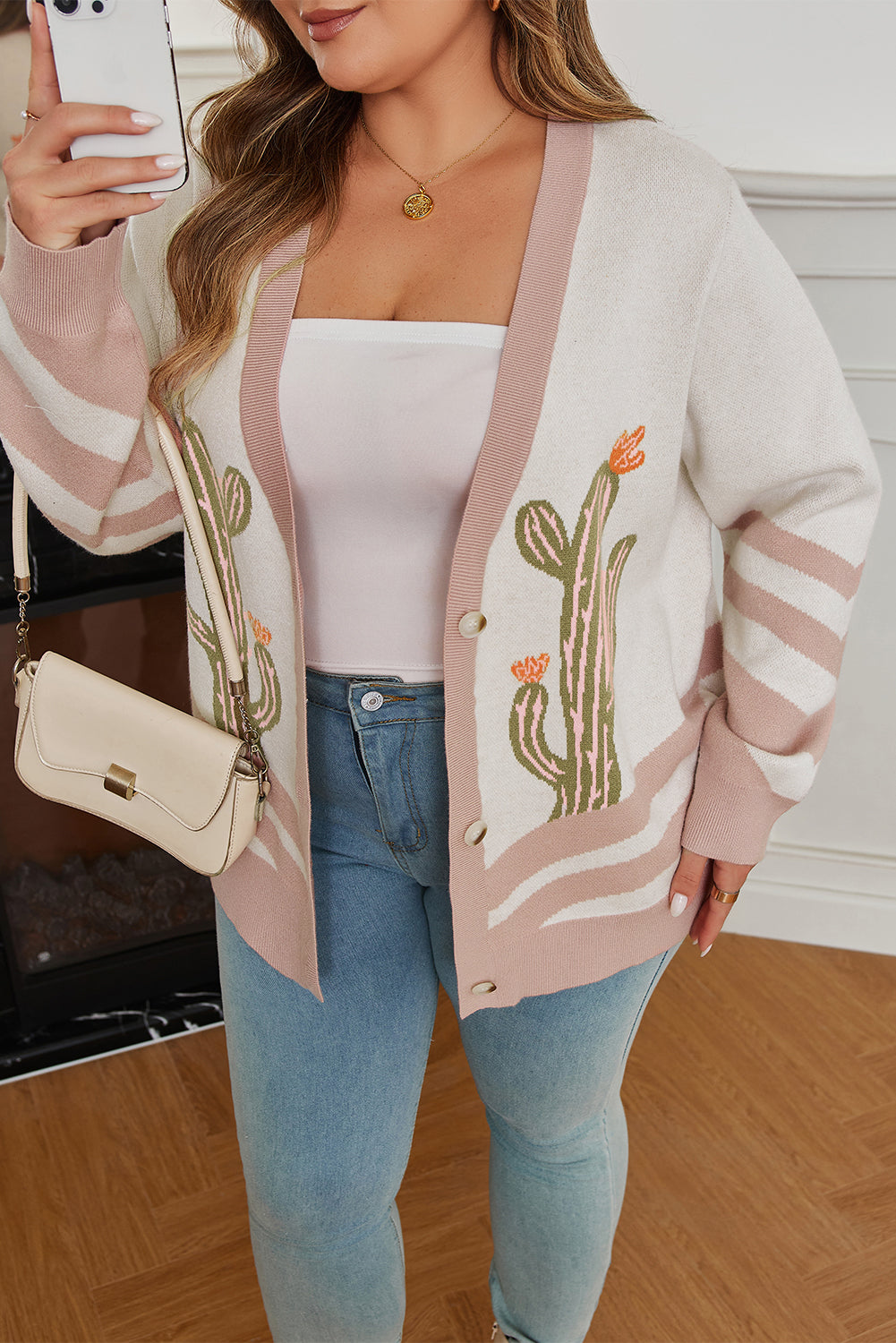 Apricot Desert Cactus Print Plus Size Cardigan Sweater Dear-Lover Dropshipping