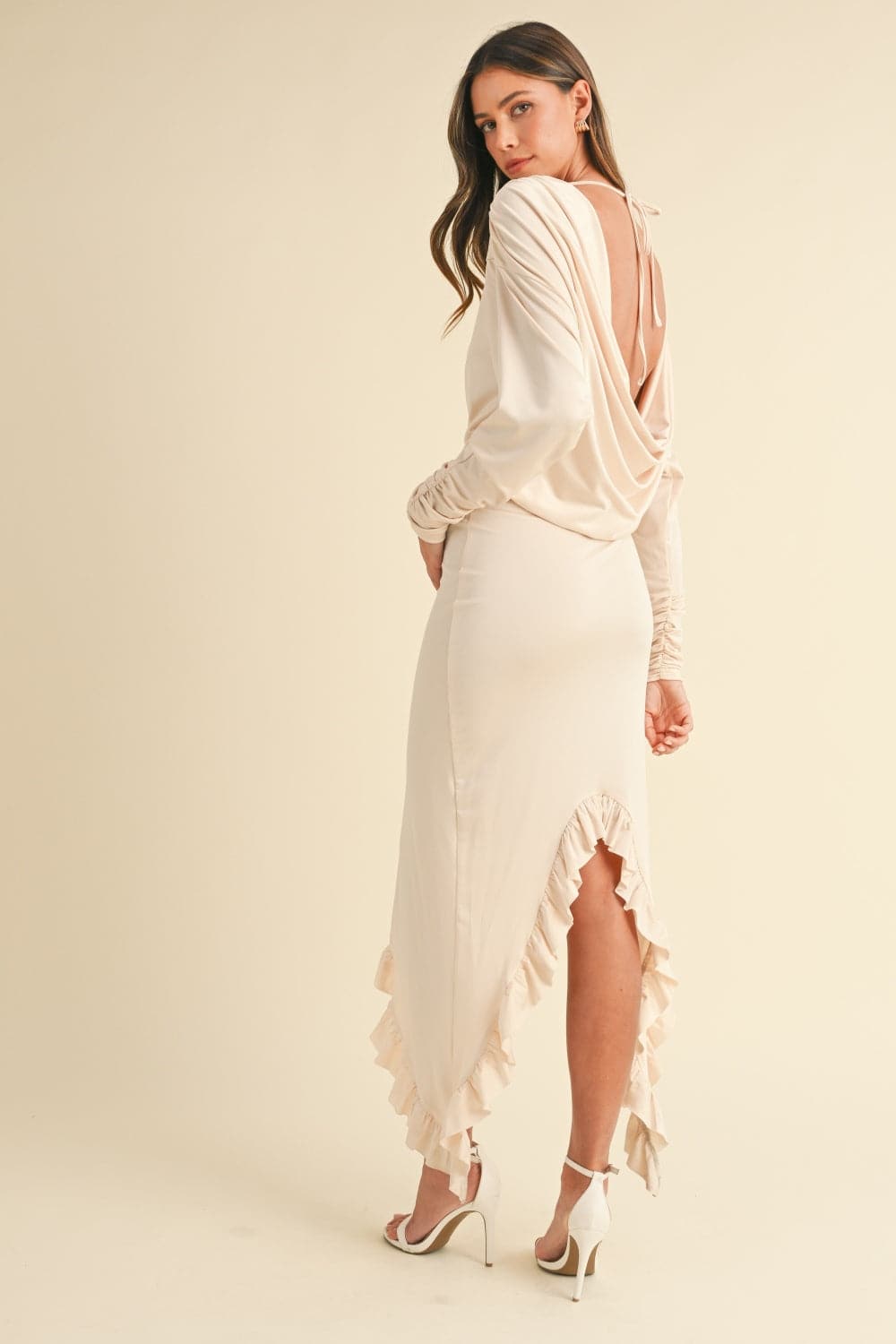 Backless asymmetrical ruffle hem maxi dress