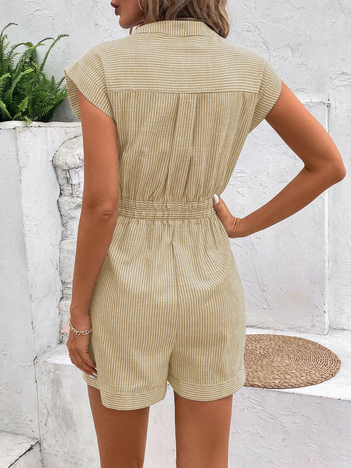 Striped Notched Tie Waist Romper.