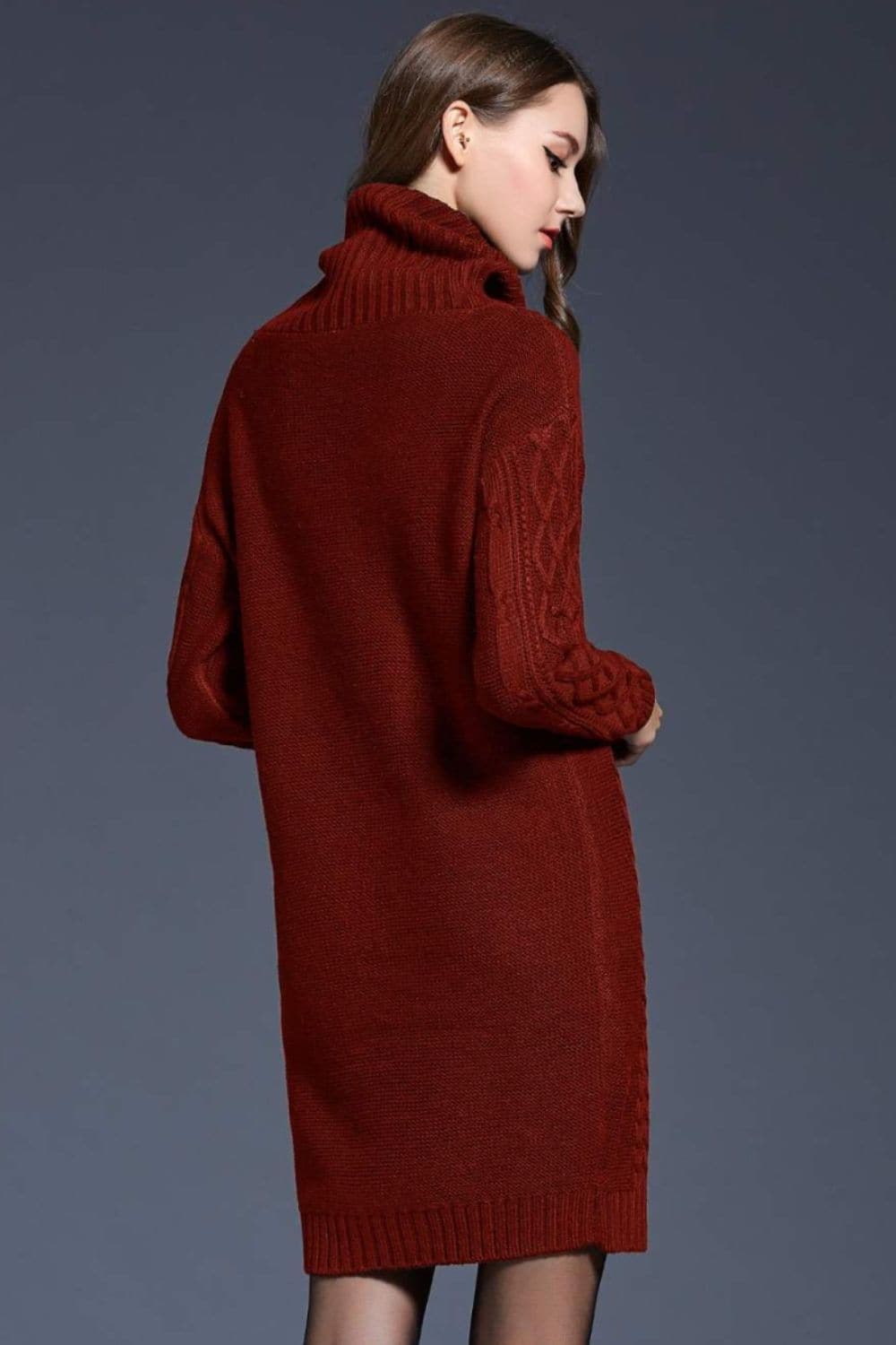 Woven Right Full Size Mixed Knit Cowl Neck Dropped Shoulder Sweater Dress.