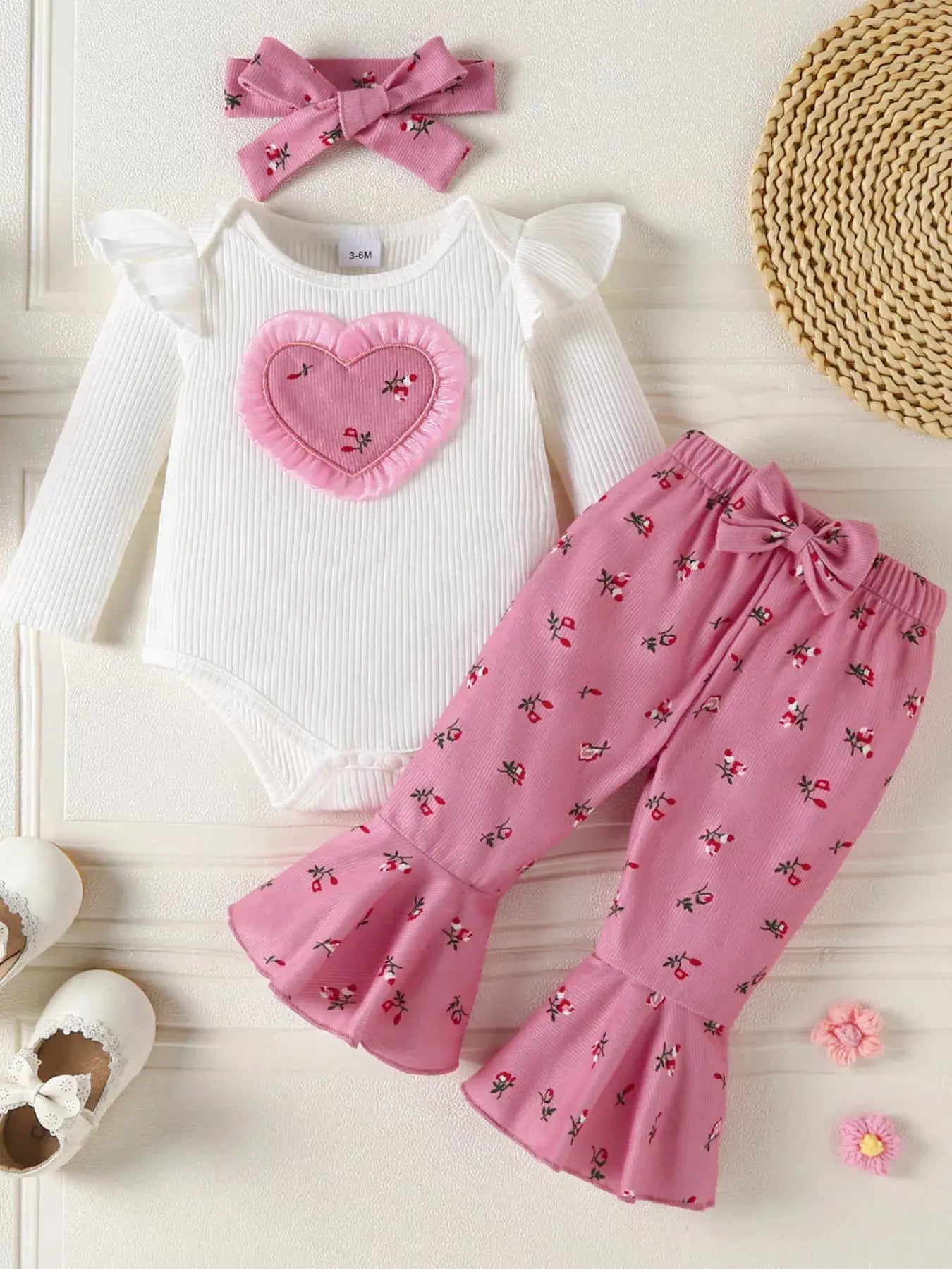 Children's Ruffled Bodysuit and Floral Pants Outfit Set with Headband Simply Love