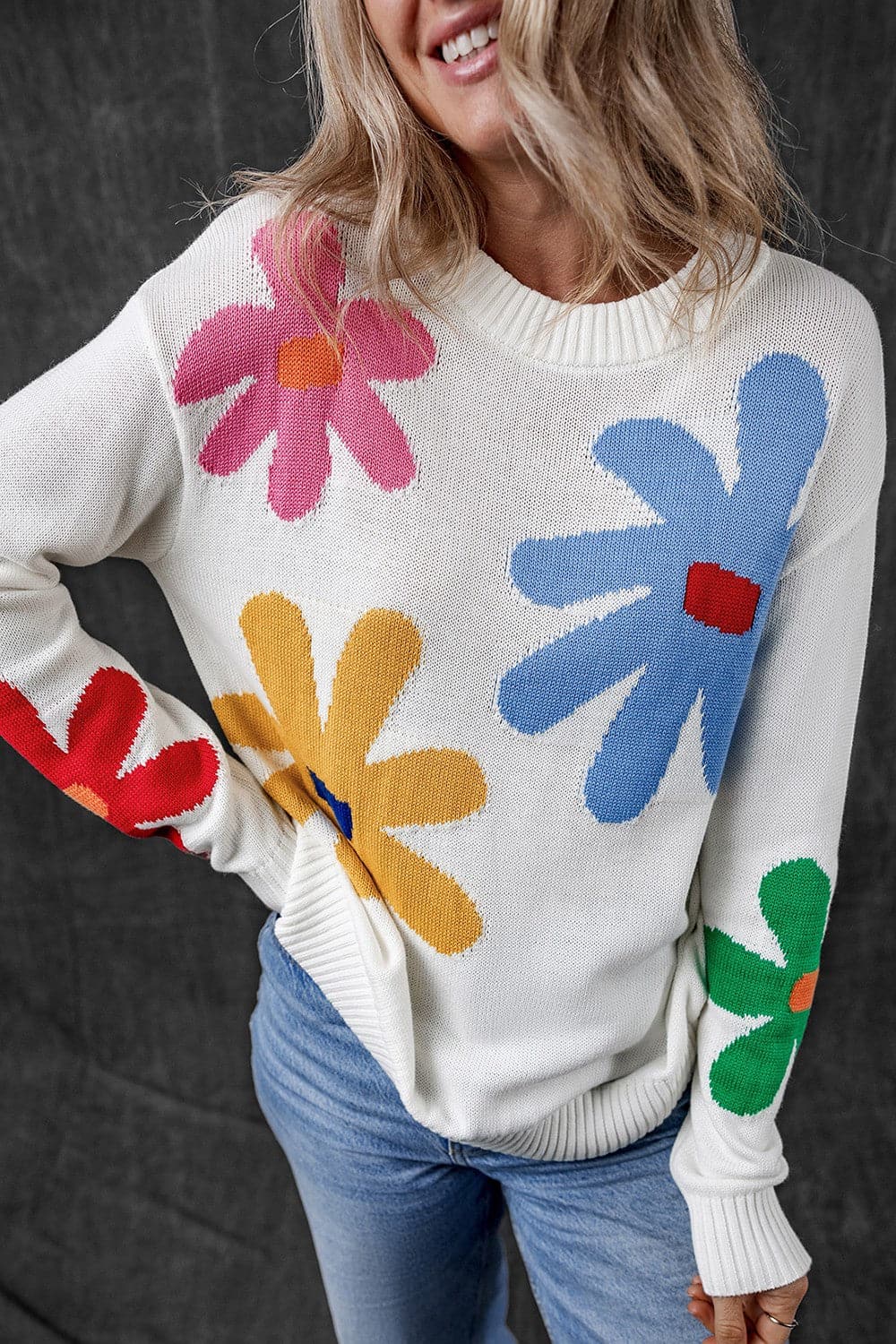 Flower Round Neck Dropped Shoulder Sweater.