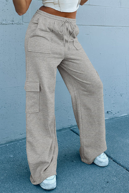 Light grey high waist lace-up wide leg pants with pockets