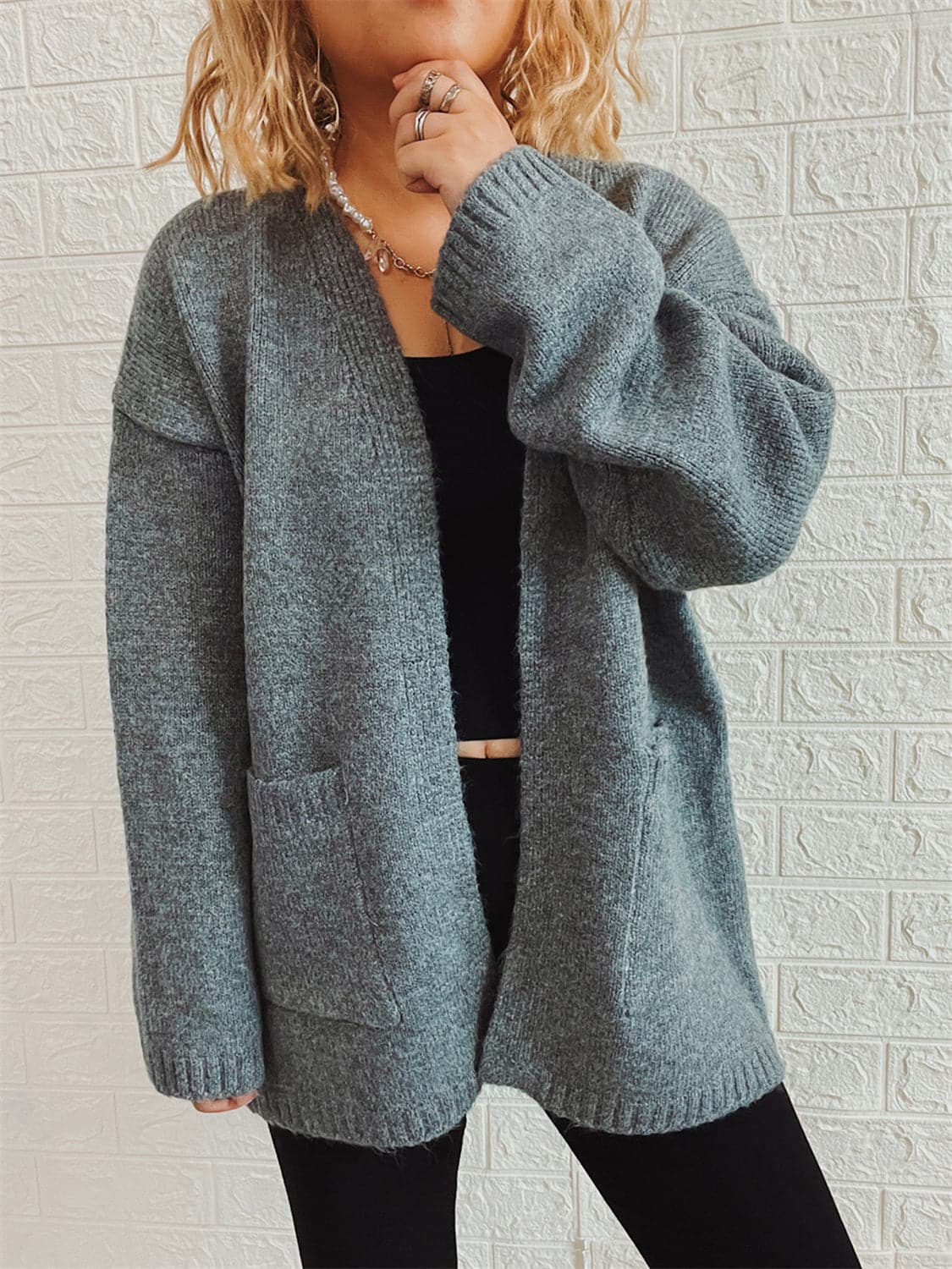 Open Front Long Sleeve Cardigan with Pockets.