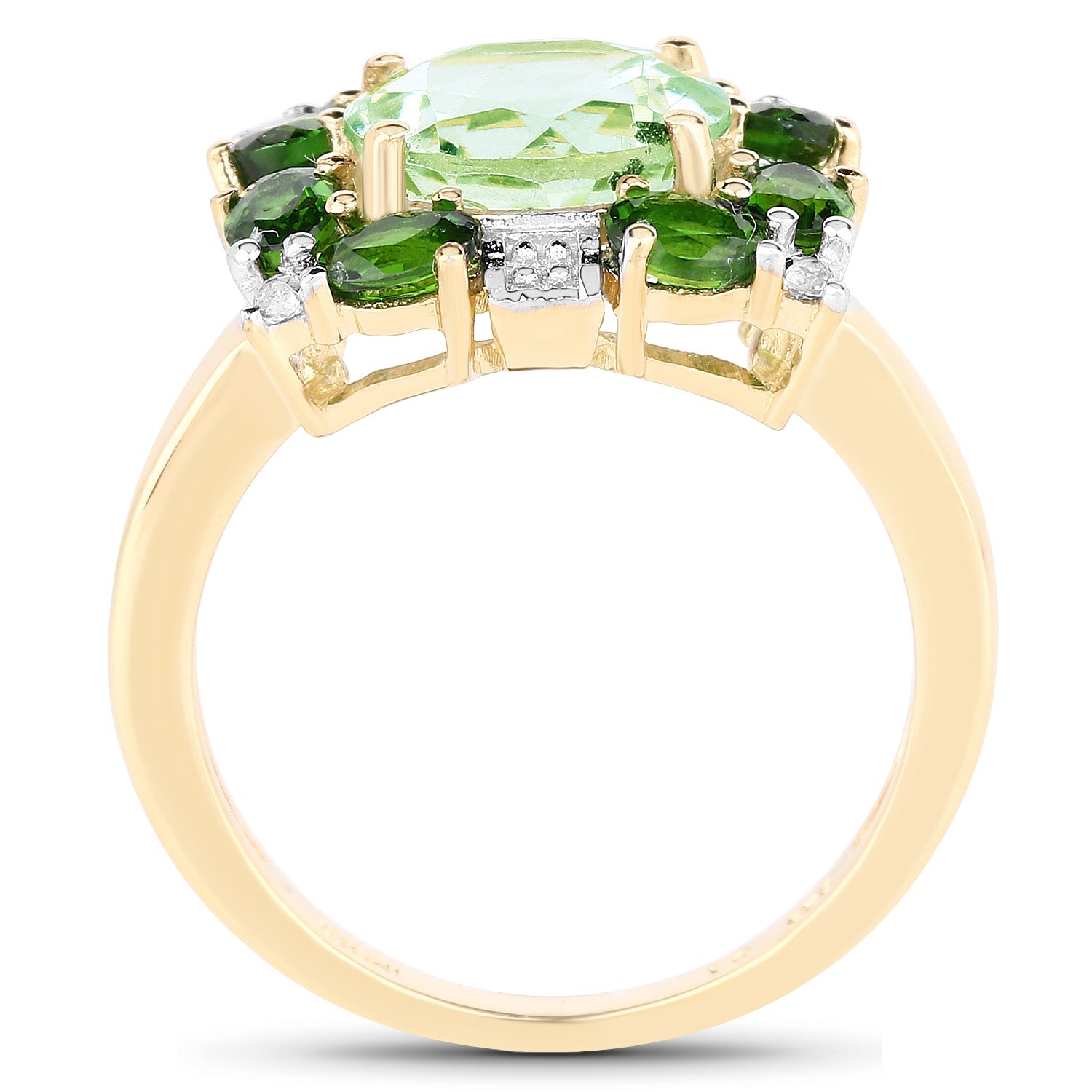 14K Yellow Gold Plated 5.36 Carat Genuine Green Amethyst, Chrome Diopside & White Topaz .925 Sterling Silver Ring