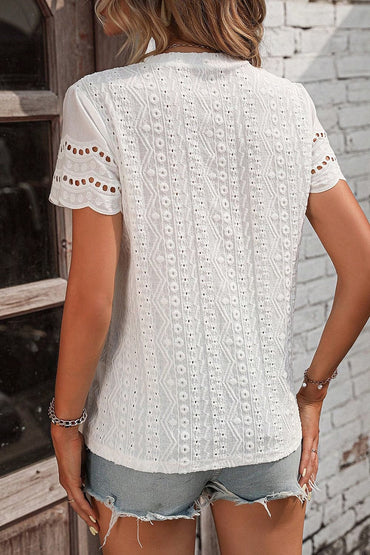 Eyelet Round Neck Short Sleeve Top.