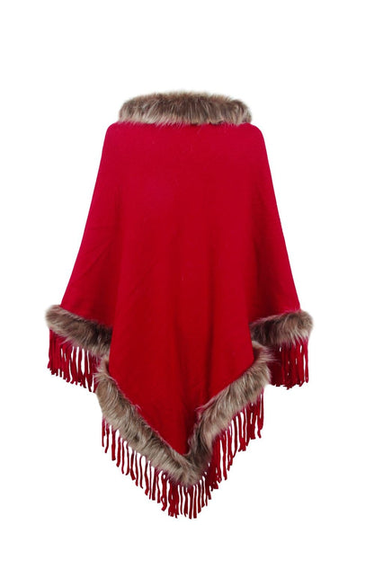 Faux Fur Trim Fringed Poncho.