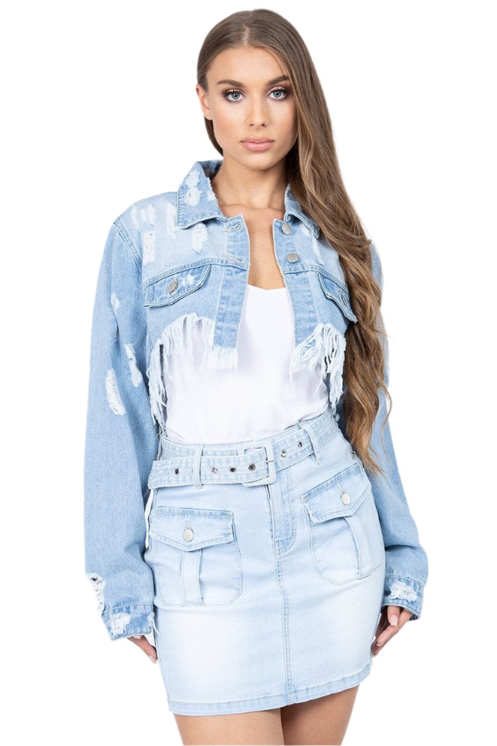 Chic cropped distressed denim jacket with stylish frayed hem