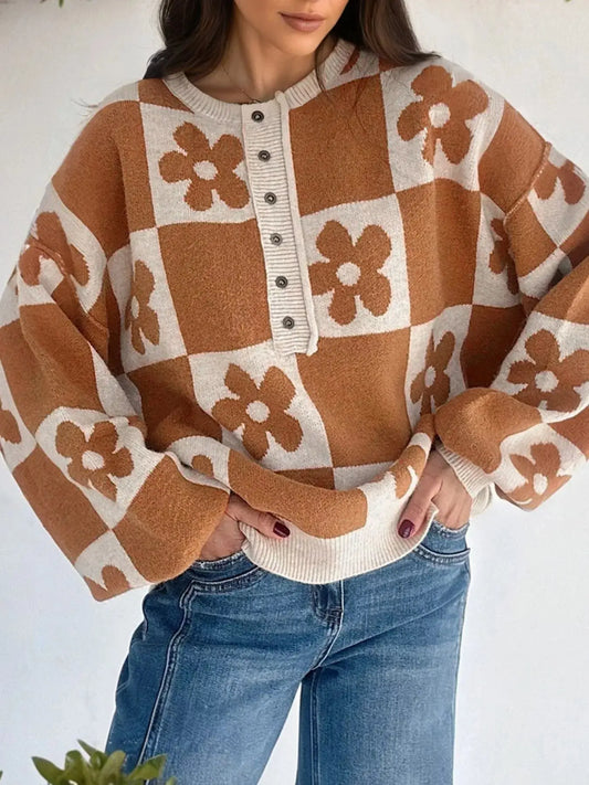 Flower Plaid Henley Baggy Sweater Simply Love