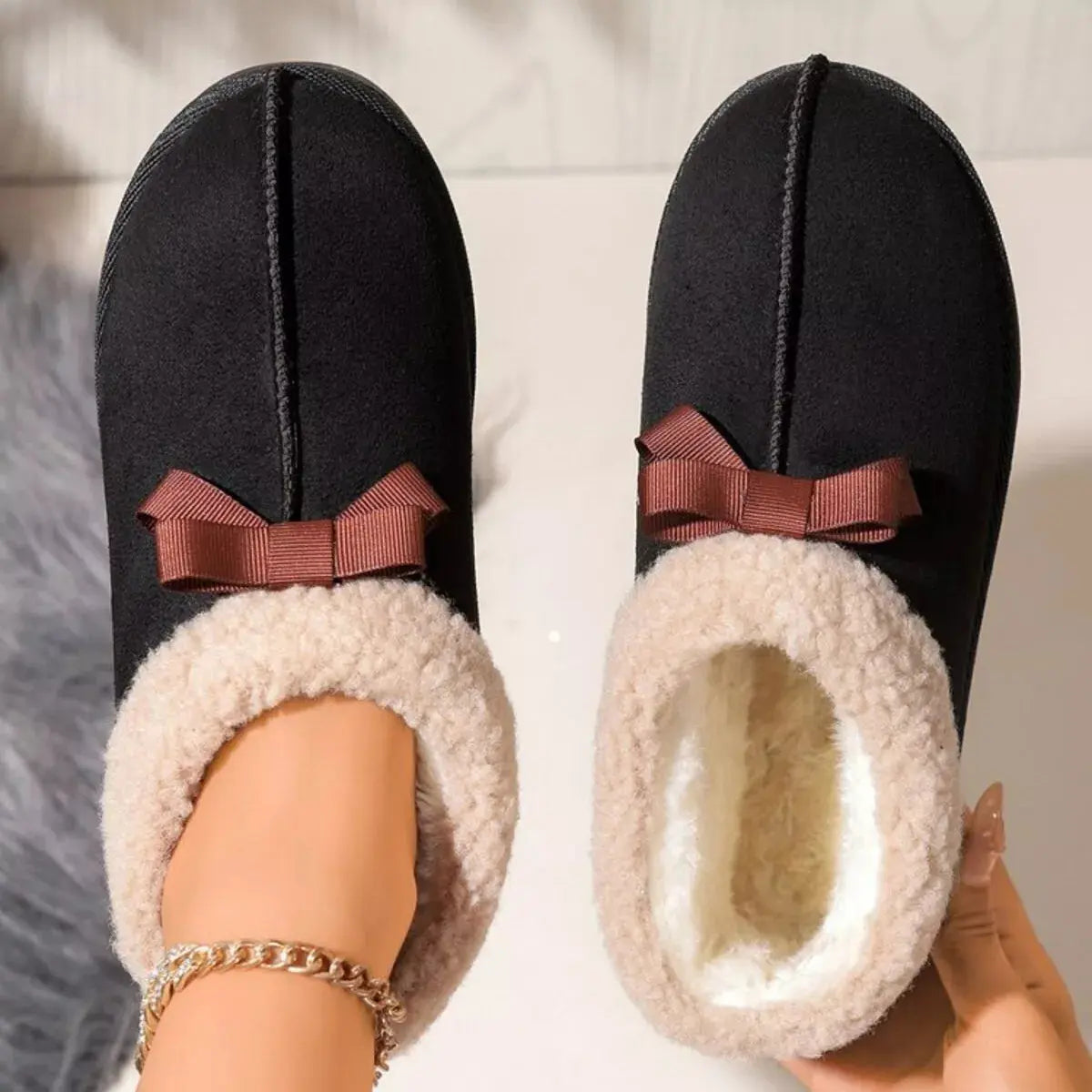 Cozy Bowknot Plush Lined Slip-Ons Simply Love