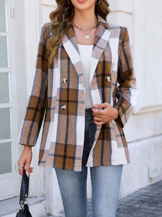 Plaid Double Breasted Blazer For Women With Lined Body Polyester Office Ready Simply Love