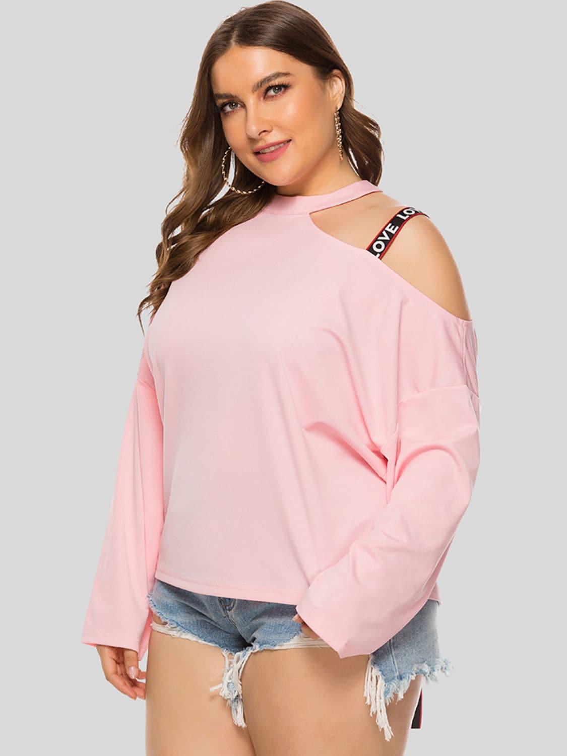 Plus Size Cold-Shoulder Round Neck Blouse.