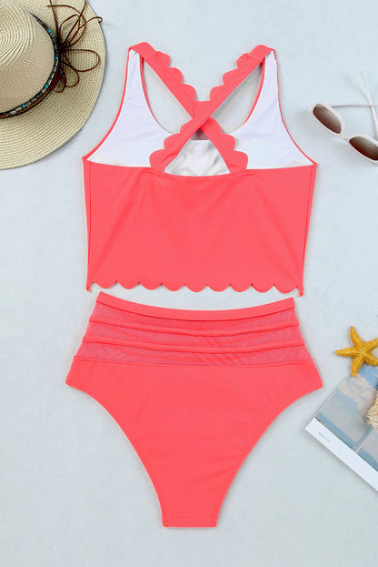 Chic pink scalloped high waist criss-cross bikini