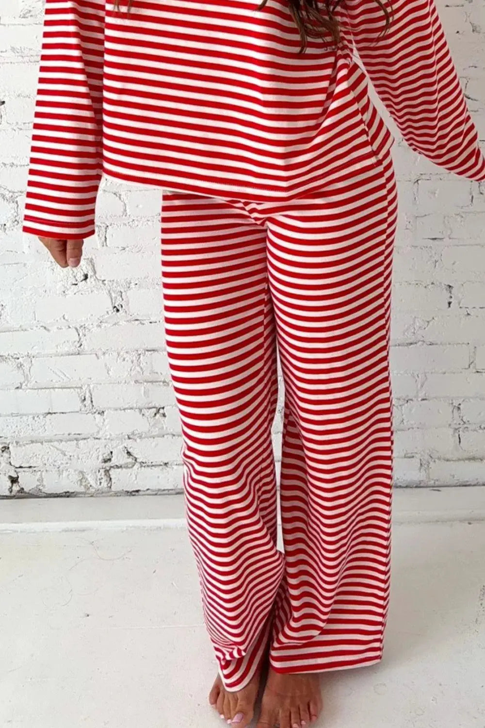 Striped Round Neck Top and Pants Set Simply Love