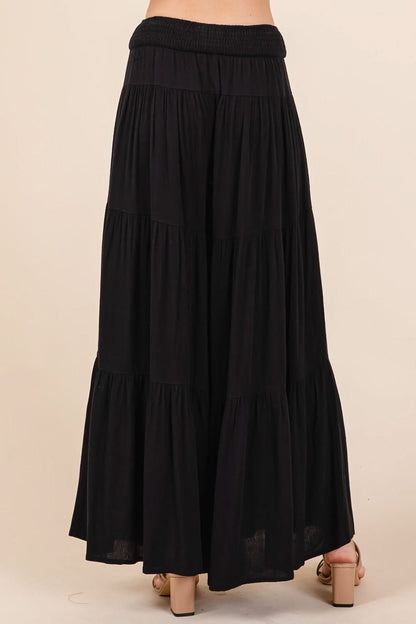 Tiered Smocked Wide Leg Crepe Pants with Elastic Waist and Side Pockets