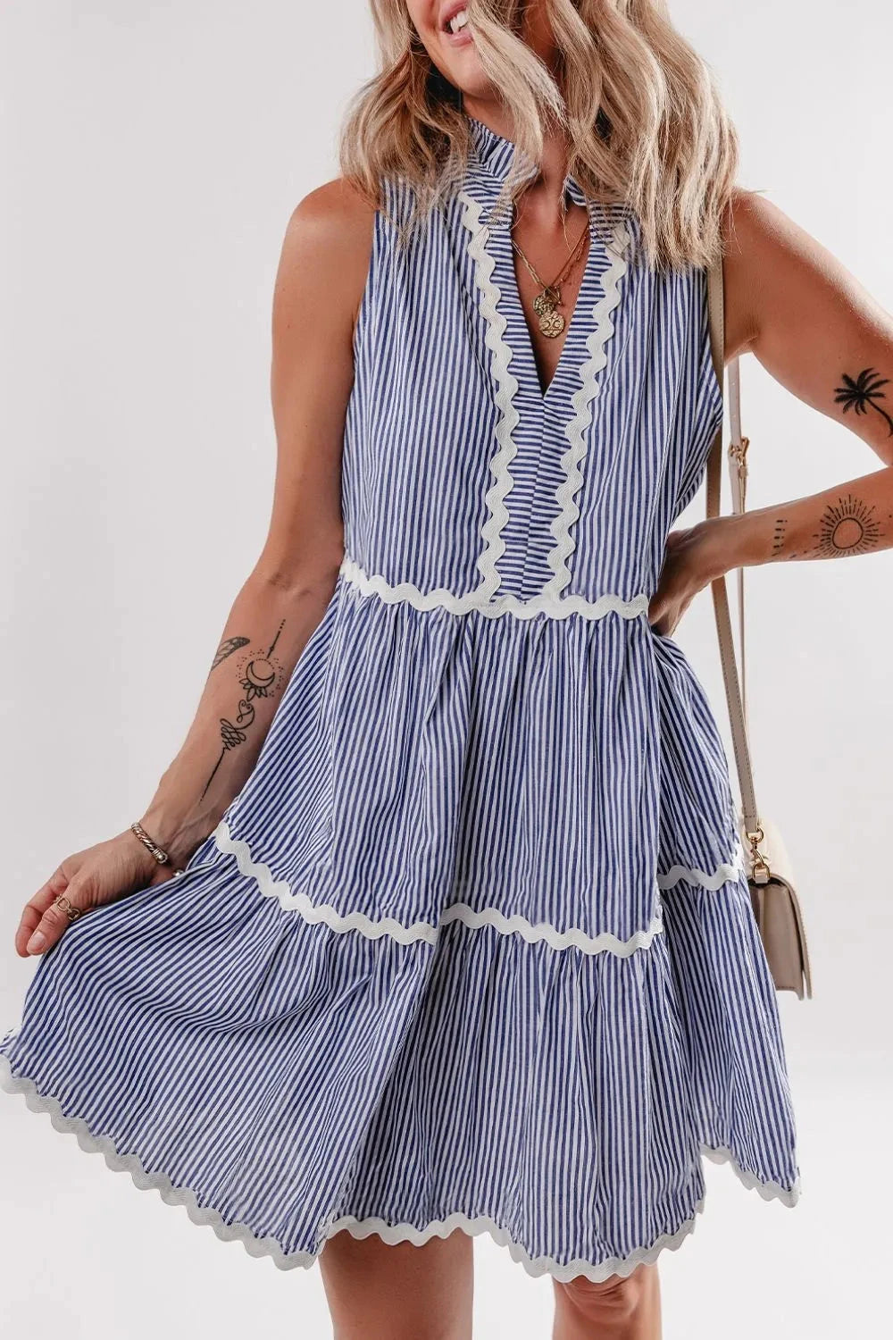 Stripe Sleeveless Notched Ric Rac Mini Dress Simply Love