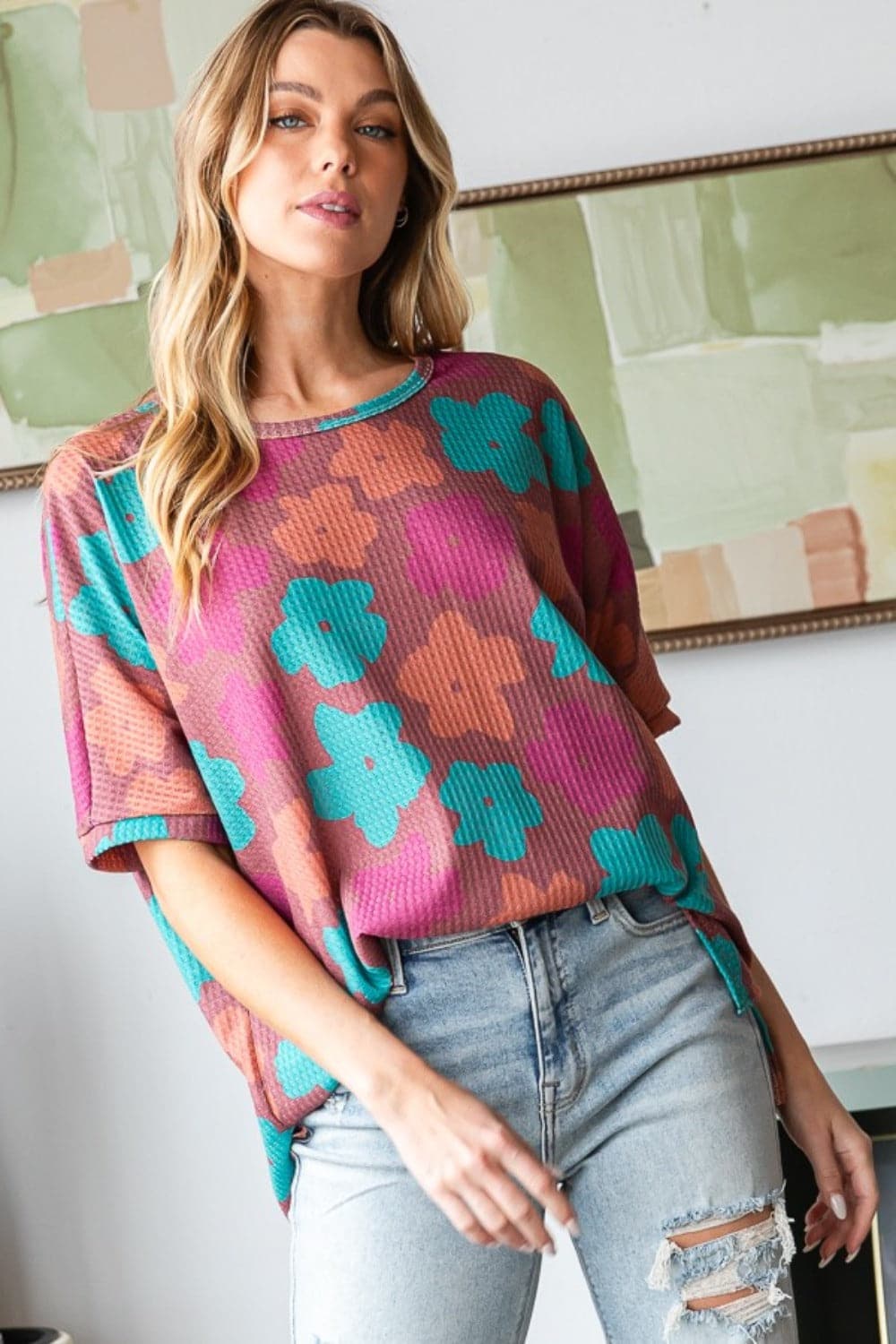 HOPELY Full Size Floral Round Neck Side Slit T-Shirt.