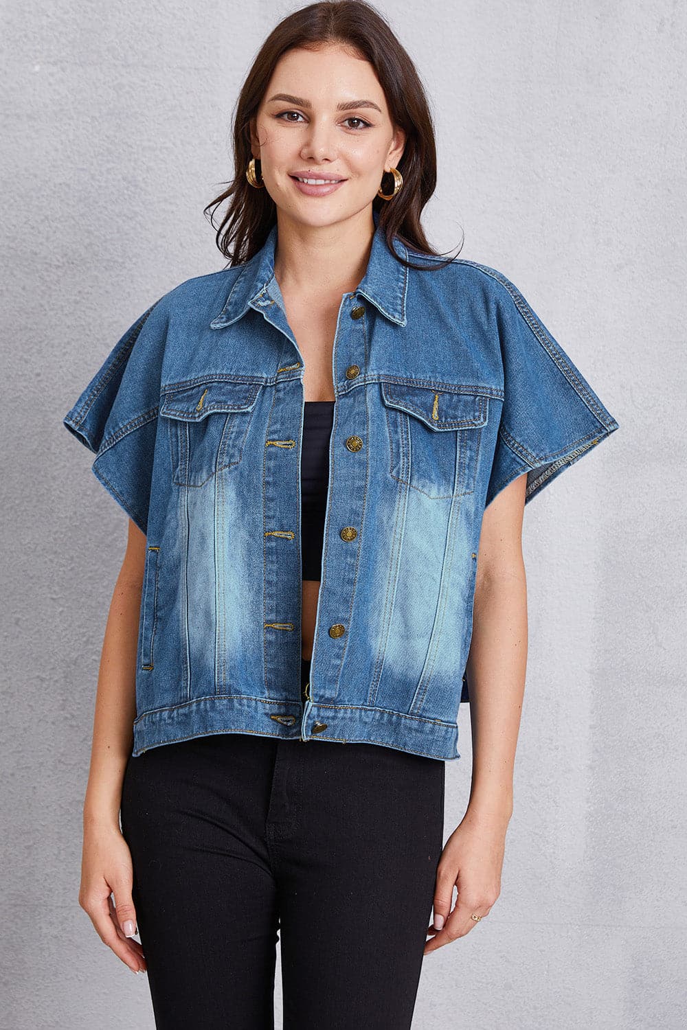 Pocketed Button Up Short Sleeve Denim Top.